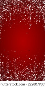 Beautiful snowfall christmas background. Subtle flying snow flakes and stars on christmas red background. Beautiful snowfall overlay template. Vertical vector illustration.