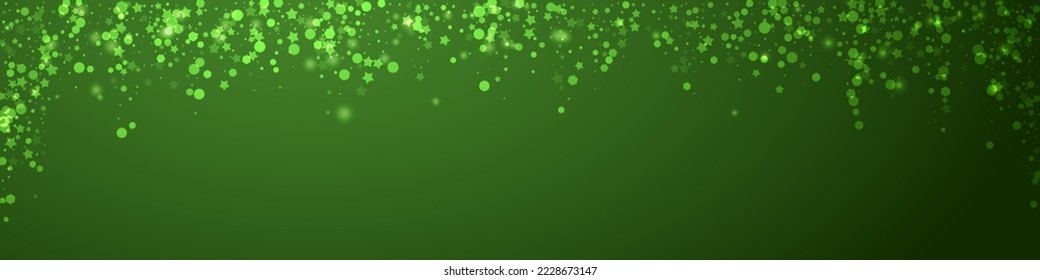 Beautiful snowfall christmas background. Subtle flying snow flakes and stars on christmas green background. Beautiful snowfall overlay template. Panoramic vector illustration.