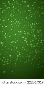 Beautiful snowfall christmas background. Subtle flying snow flakes and stars on christmas green background. Beautiful snowfall overlay template. Vertical vector illustration.