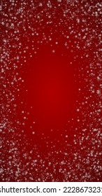 Beautiful snowfall christmas background. Subtle flying snow flakes and stars on christmas red background. Beautiful snowfall overlay template. Vertical vector illustration.