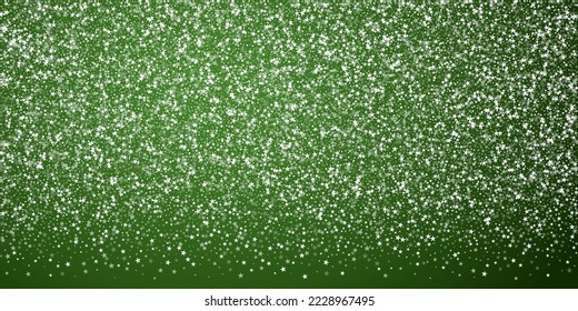 Beautiful snowfall christmas background. Subtle flying snow flakes and stars on christmas green background. Beautiful snowfall overlay template. Wide vector illustration.
