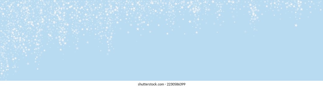 Beautiful snowfall christmas background. Subtle flying snow flakes and stars on light blue winter backdrop. Beautiful snowfall overlay template. Panoramic vector illustration.