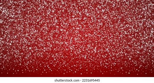 Beautiful snowfall christmas background. Subtle flying snow flakes and stars on christmas red background. Beautiful snowfall overlay template. Wide vector illustration.