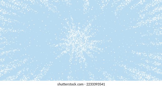 Hermoso fondo de navidad de nevadas. Sutiles copos de nieve volando y estrellas en el fondo azul claro del invierno. Hermosa plantilla de superposición de nevadas. Ilustración vectorial amplia.