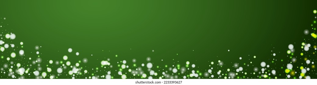 Beautiful snowfall christmas background. Subtle flying snow flakes and stars on christmas green background. Beautiful snowfall overlay template. Panoramic vector illustration.