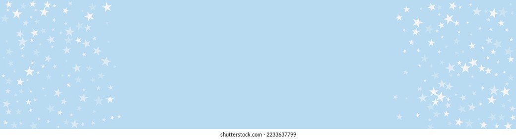 Hermoso fondo de navidad de nevadas. Sutiles copos de nieve volando y estrellas en el fondo azul claro del invierno. Hermosa plantilla de superposición de nevadas. Ilustración de vector panorámica.