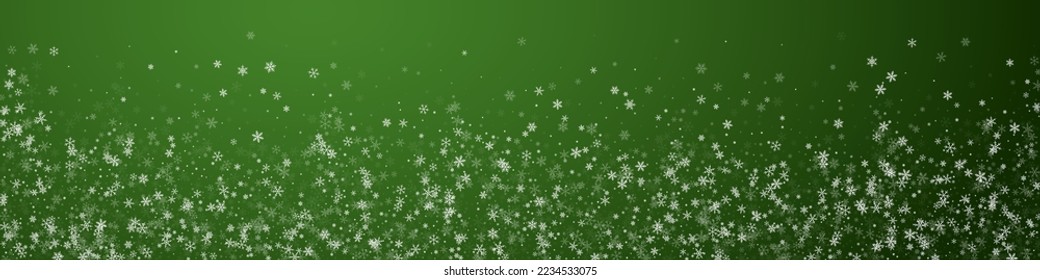 Beautiful snowfall christmas background. Subtle flying snow flakes and stars on christmas green background. Beautiful snowfall overlay template. Panoramic vector illustration.