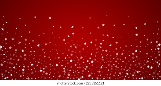Beautiful snowfall christmas background. Subtle flying snow flakes and stars on christmas red background. Beautiful snowfall overlay template. Wide vector illustration.