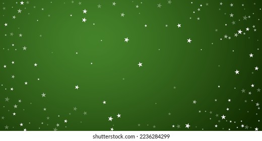 Beautiful snowfall christmas background. Subtle flying snow flakes and stars on christmas green background. Beautiful snowfall overlay template. Wide vector illustration.