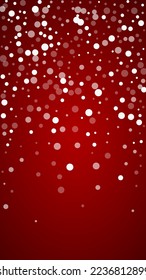 Beautiful snowfall christmas background. Subtle flying snow flakes and stars on christmas red background. Beautiful snowfall overlay template. Vertical vector illustration.