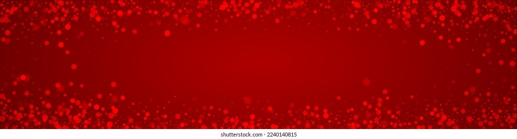 Hermoso fondo de navidad de nevadas. Sutiles copos de nieve volando y estrellas de fondo rojo navideño. Hermosa plantilla de superposición de nevadas. Ilustración de vector panorámica.