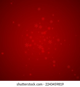 Hermoso fondo de navidad de nevadas. Sutiles copos de nieve volando y estrellas de fondo rojo navideño. Hermosa plantilla de superposición de nevadas. Ilustración vectorial cuadrada.