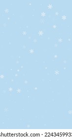 Beautiful snowfall christmas background. Subtle flying snow flakes and stars on light blue winter backdrop. Beautiful snowfall overlay template. Vertical vector illustration.