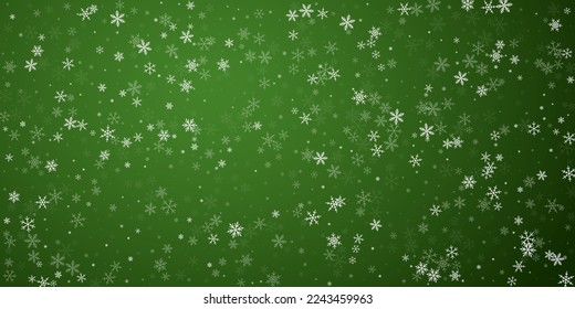 Hermoso fondo de navidad de nevadas. Sutiles copos de nieve volando y estrellas sobre fondo verde navideño. Hermosa plantilla de superposición de nevadas. Ilustración vectorial amplia.