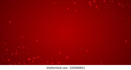 Beautiful snowfall christmas background. Subtle flying snow flakes and stars on christmas red background. Beautiful snowfall overlay template. Wide vector illustration.
