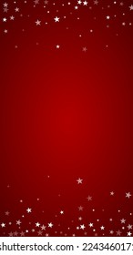 Beautiful snowfall christmas background. Subtle flying snow flakes and stars on christmas red background. Beautiful snowfall overlay template. Vertical vector illustration.