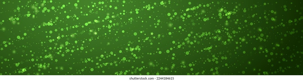 Beautiful snowfall christmas background. Subtle flying snow flakes and stars on christmas green background. Beautiful snowfall overlay template. Panoramic vector illustration.