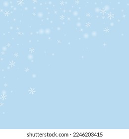 Beautiful snowfall christmas background. Subtle flying snow flakes and stars on light blue winter backdrop. Beautiful snowfall overlay template. Square vector illustration.