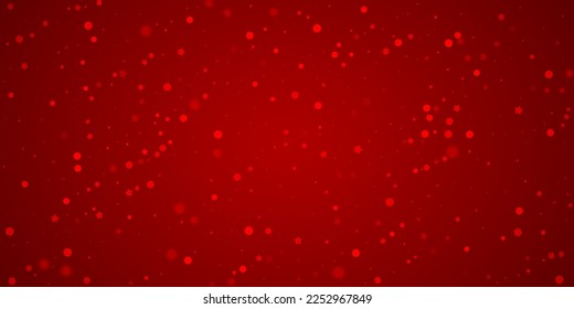 Beautiful snowfall christmas background. Subtle flying snow flakes and stars on christmas red background. Beautiful snowfall overlay template. Wide vector illustration.
