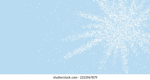 Beautiful snowfall christmas background. Subtle flying snow flakes and stars on light blue winter backdrop. Beautiful snowfall overlay template. Wide vector illustration.