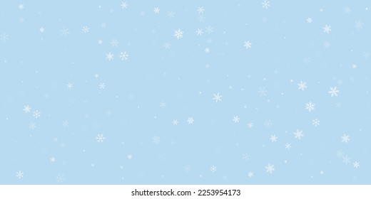 Beautiful snowfall christmas background. Subtle flying snow flakes and stars on light blue winter backdrop. Beautiful snowfall overlay template. Wide vector illustration.