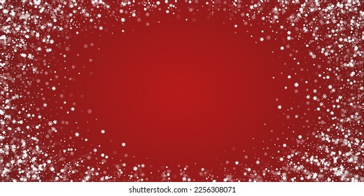 Hermoso fondo de navidad de nevadas. Sutiles copos de nieve volando y estrellas de fondo rojo navideño. Hermosa plantilla de superposición de nevadas. Ilustración vectorial amplia.
