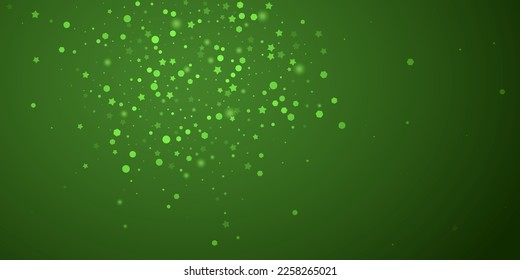Beautiful snowfall christmas background. Subtle flying snow flakes and stars on christmas green background. Beautiful snowfall overlay template. Wide vector illustration.