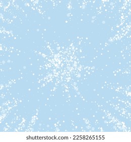Beautiful snowfall christmas background. Subtle flying snow flakes and stars on light blue winter backdrop. Beautiful snowfall overlay template. Square vector illustration.