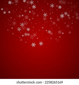 Hermoso fondo de navidad de nevadas. Sutiles copos de nieve volando y estrellas de fondo rojo navideño. Hermosa plantilla de superposición de nevadas. Ilustración vectorial cuadrada.