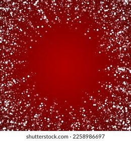 Beautiful snowfall christmas background. Subtle flying snow flakes and stars on christmas red background. Beautiful snowfall overlay template. Square vector illustration.