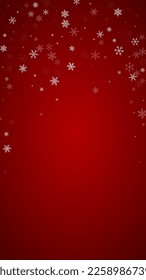 Beautiful snowfall christmas background. Subtle flying snow flakes and stars on christmas red background. Beautiful snowfall overlay template. Vertical vector illustration.