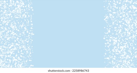 Beautiful snowfall christmas background. Subtle flying snow flakes and stars on light blue winter backdrop. Beautiful snowfall overlay template. Wide vector illustration.