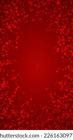 Beautiful snowfall christmas background. Subtle flying snow flakes and stars on christmas red background. Beautiful snowfall overlay template. Vertical vector illustration.
