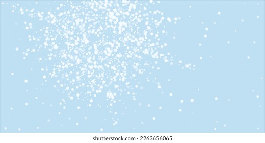 Beautiful snowfall christmas background. Subtle flying snow flakes and stars on light blue winter backdrop. Beautiful snowfall overlay template. Wide vector illustration.