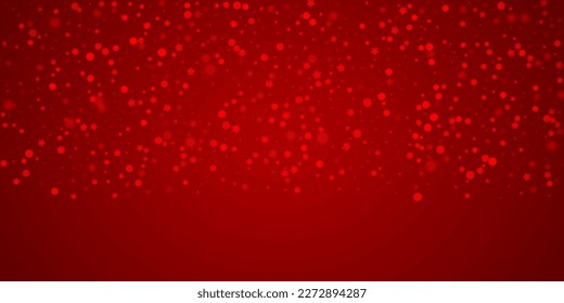 Beautiful snowfall christmas background. Subtle flying snow flakes and stars on christmas red background. Beautiful snowfall overlay template. Wide vector illustration.