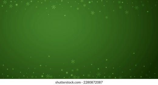 Beautiful snowfall christmas background. Subtle flying snow flakes and stars on christmas green background. Beautiful snowfall overlay template. Wide vector illustration.