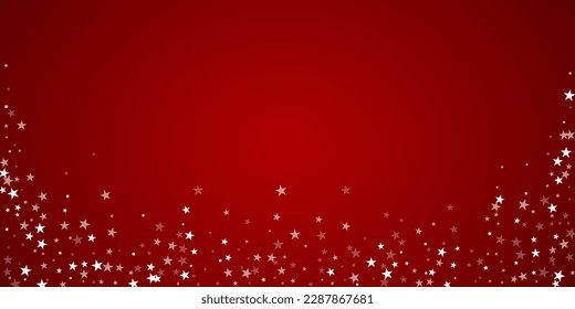 Beautiful snowfall christmas background. Subtle flying snow flakes and stars on christmas red background. Beautiful snowfall overlay template. Wide vector illustration.