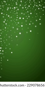 Beautiful snowfall christmas background. Subtle flying snow flakes and stars on christmas green background. Beautiful snowfall overlay template. Vertical vector illustration.