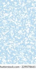 Beautiful snowfall christmas background. Subtle flying snow flakes and stars on light blue winter backdrop. Beautiful snowfall overlay template. Vertical vector illustration.