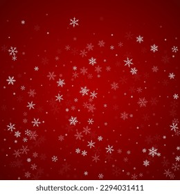 Beautiful snowfall christmas background. Subtle flying snow flakes and stars on christmas red background. Beautiful snowfall overlay template. Square vector illustration.