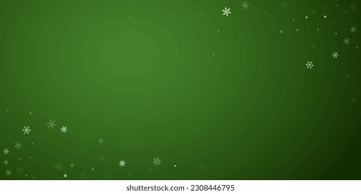 Beautiful snowfall christmas background. Subtle flying snow flakes and stars on christmas green background. Beautiful snowfall overlay template. Wide vector illustration.