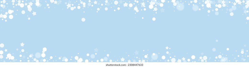 Beautiful snowfall christmas background. Subtle flying snow flakes and stars on light blue winter backdrop. Beautiful snowfall overlay template. Panoramic vector illustration.