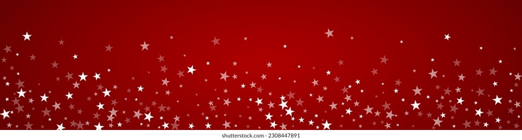 Schöner Schneefall-Weihnachtshintergrund. Subtile fliegende Schneeflocken und Sterne auf christlich-rotem Hintergrund. Schöne Schneefall-Overlay-Vorlage. Panoramavektorgrafik.