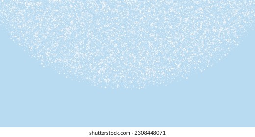 Beautiful snowfall christmas background. Subtle flying snow flakes and stars on light blue winter backdrop. Beautiful snowfall overlay template. Wide vector illustration.