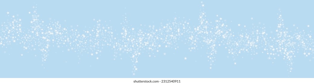 Hermoso fondo de navidad de nevadas. Sutiles copos de nieve volando y estrellas en el fondo azul claro del invierno. Hermosa plantilla de superposición de nevadas. Ilustración de vector panorámica.