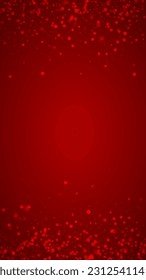 Beautiful snowfall christmas background. Subtle flying snow flakes and stars on christmas red background. Beautiful snowfall overlay template. Vertical vector illustration.