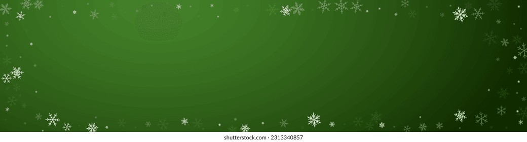 Beautiful snowfall christmas background. Subtle flying snow flakes and stars on christmas green background. Beautiful snowfall overlay template. Panoramic vector illustration.