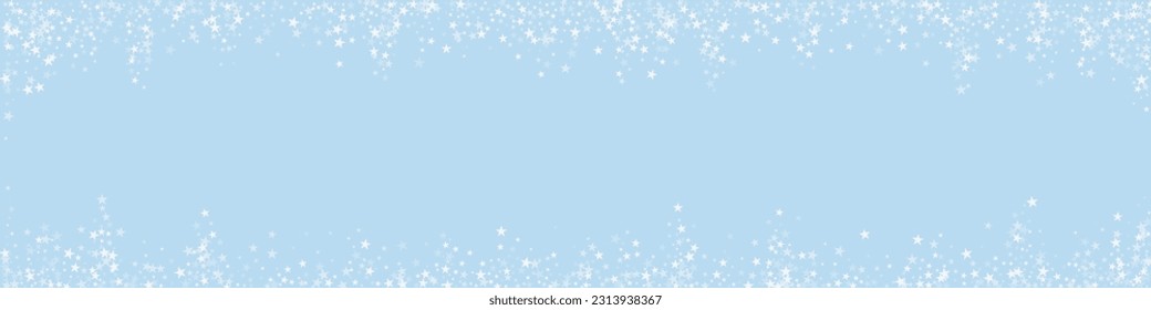 Beautiful snowfall christmas background. Subtle flying snow flakes and stars on light blue winter backdrop. Beautiful snowfall overlay template. Panoramic vector illustration.