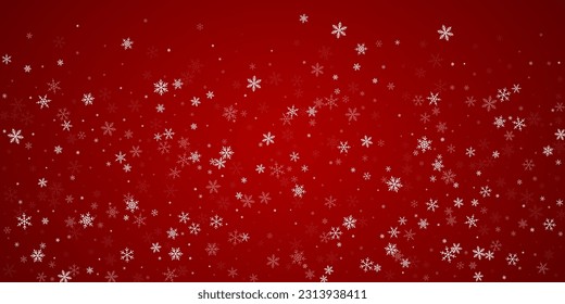 Beautiful snowfall christmas background. Subtle flying snow flakes and stars on christmas red background. Beautiful snowfall overlay template. Wide vector illustration.
