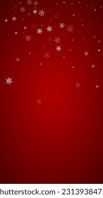 Schöner Schneefall-Weihnachtshintergrund. Subtile fliegende Schneeflocken und Sterne auf christlich-rotem Hintergrund. Schöne Schneefall-Overlay-Vorlage. Vertikale Vektorgrafik.